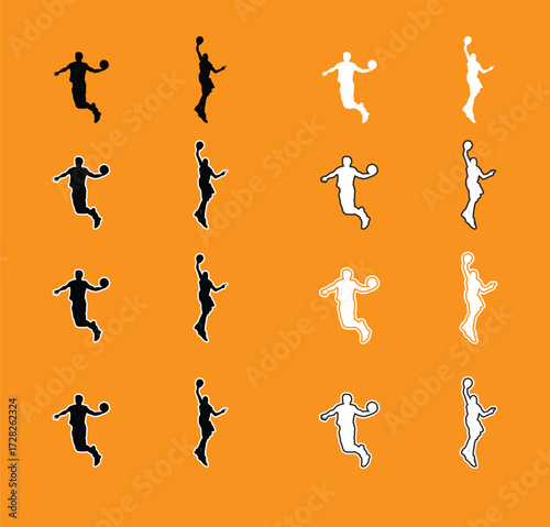 Collection of Basketball Player Poses Silhouettes A set of vector silhouettes of basketball players performing various actions, including dribbling, shooting, and dunking. Perfect for sports graphics