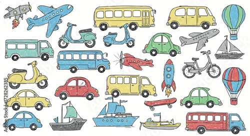 Vector art of collection of handdrawn transportation elements