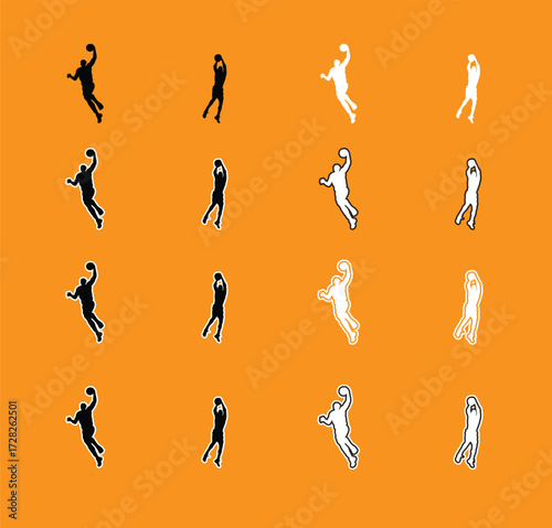Collection of Basketball Player Poses Silhouettes A set of vector silhouettes of basketball players performing various actions, including dribbling, shooting, and dunking. Perfect for sports graphics