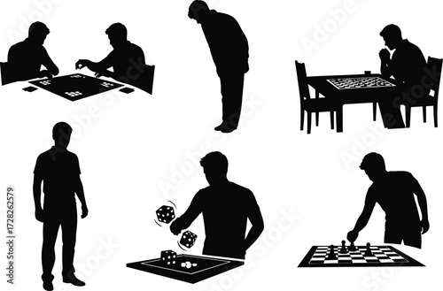 Silhouette board game, tabletop gaming, dice rolling, chess activity, black figures, leisure lifestyle, strategy play,