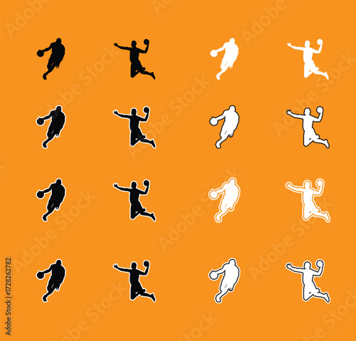 Collection of Basketball Player Poses Silhouettes A set of vector silhouettes of basketball players performing various actions, including dribbling, shooting, and dunking. Perfect for sports graphics