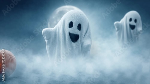 halloween cute cartoon ghost on a moonlight background with pumpkin,halloween ghost Floating in the moonlight,spooky halloween night,halloween pumpkin and ghost