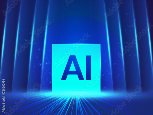 Artificial intelligence with Futuristic AI Cube at the center and glowing light background vector design concept. AI technology for advance technology, robotics, automations, website, blockchain.