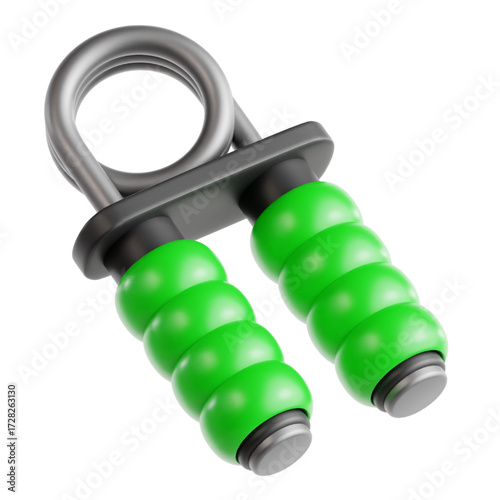 High-quality 3D render of a hand strengthener tool with green handles, an isolated icon representing grip training, muscle building, and athletic conditioning