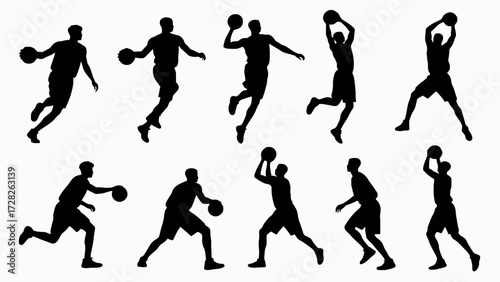 Silhouettes of basketball players' body movements, a collection of vector illustrations