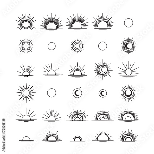 Boho sunburst icons with radiant rays. Minimalist sunrise and sunset line art, mystical solar symbols, and retro-inspired tattoo designs.