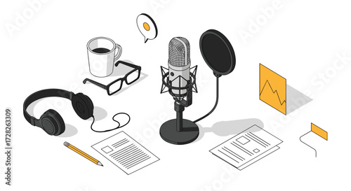 Recording audio content with a microphone headphones and script on a desk.