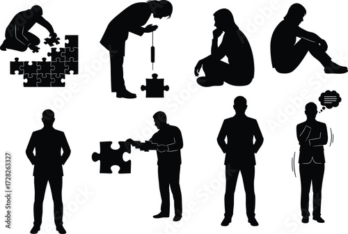 Silhouette puzzle, problem solving, thinking posture, contemplation activity, black figures, teamwork concept,