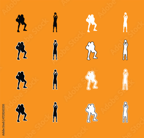 Collection of Basketball Player Poses Silhouettes A set of vector silhouettes of basketball players performing various actions, including dribbling, shooting, and dunking. Perfect for sports graphics