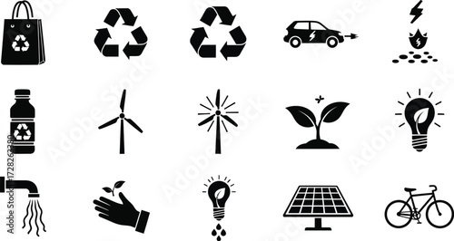Ecology icons set collection of eco friendly symbols recycling, electric car, wind turbine and solar panel