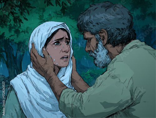 an elderly couple in a romantic embrace in a forest setting