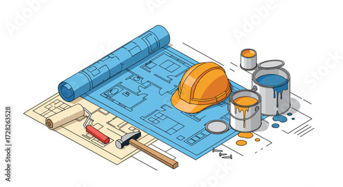 An isometric illustration depicting construction planning with blueprints safety helmet and paint cans.