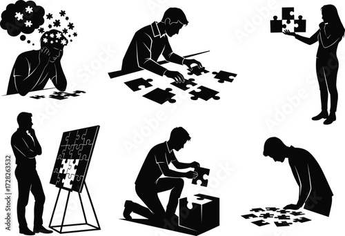 Silhouette puzzle, problem solving, teamwork concept, critical thinking, black figures, brainstorming activity
