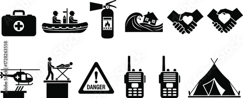 Disaster relief and emergency response icons, including first aid, rescue, fire safety and communication