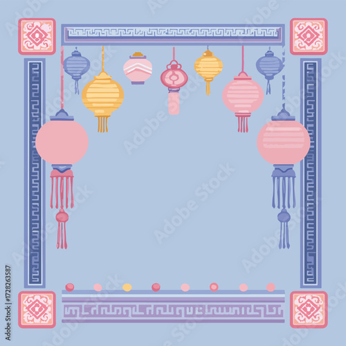 東洋風の提灯と装飾的なフレームで飾られた、明るくお祝いムードの背景デザイン。