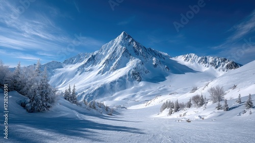 Snowy Mountain Peak Under Clear Blue Sky with Pine Trees and Vast White Landscape in Andorra Pyrenees Dramatic Lighting