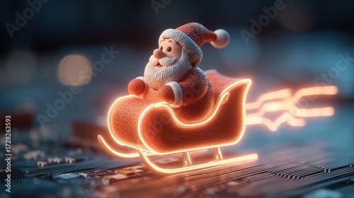 santa claus Santa in a glowing sleigh on a circuit board background. .merry christmas and happy new year