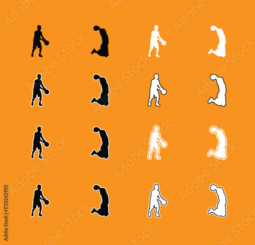 Collection of Basketball Player Poses Silhouettes A set of vector silhouettes of basketball players performing various actions, including dribbling, shooting, and dunking. Perfect for sports graphics