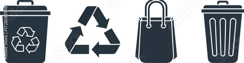 Recycling icon set collection of recycle bin, recycle symbol, shopping bag, and trash can for waste management