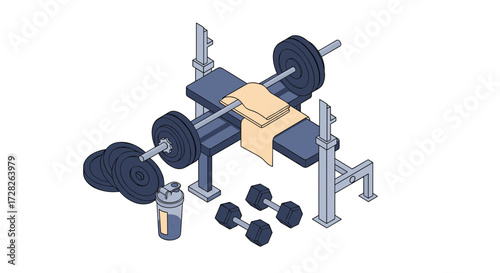 A well-equipped home gym setup featuring a bench press with weights a towel and dumbbells for strength training.
