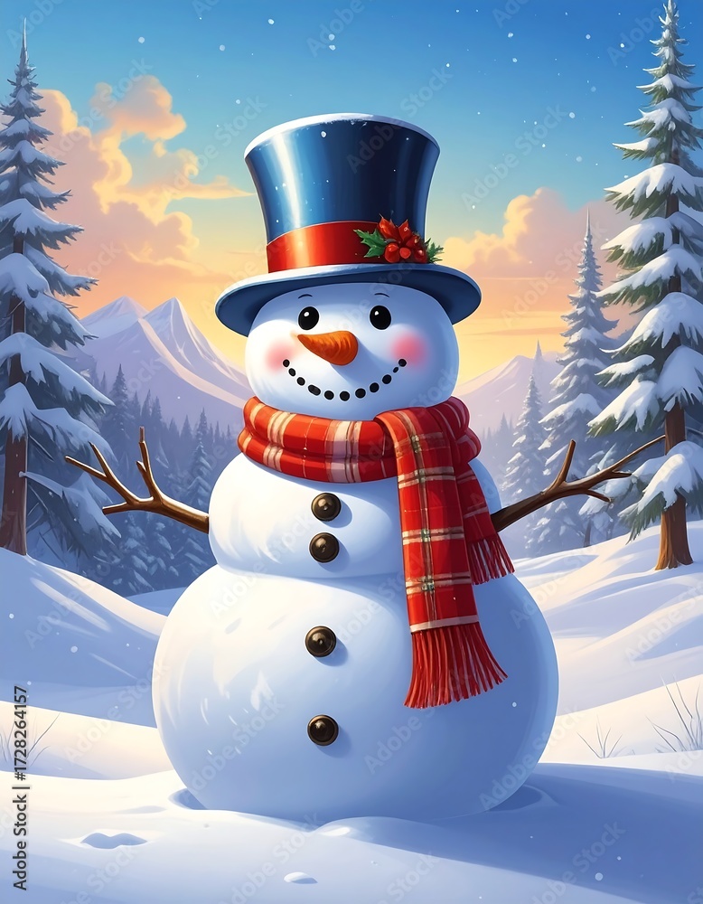 Obraz premium Cheerful snowman in top hat and scarf, snowy mountain backdrop
