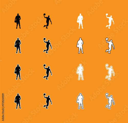 Collection of Basketball Player Poses Silhouettes A set of vector silhouettes of basketball players performing various actions, including dribbling, shooting, and dunking. Perfect for sports graphics