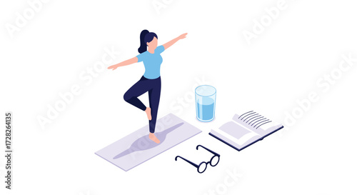 Woman doing yoga on a mat with a book and water nearby for a healthy lifestyle.
