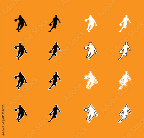 Collection of Basketball Player Poses Silhouettes A set of vector silhouettes of basketball players performing various actions, including dribbling, shooting, and dunking. Perfect for sports graphics