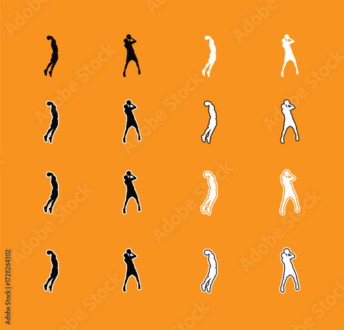 Collection of Basketball Player Poses Silhouettes A set of vector silhouettes of basketball players performing various actions, including dribbling, shooting, and dunking. Perfect for sports graphics