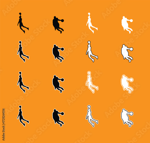 Collection of Basketball Player Poses Silhouettes A set of vector silhouettes of basketball players performing various actions, including dribbling, shooting, and dunking. Perfect for sports graphics
