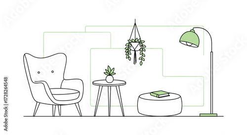 Cozy living room scene with armchair coffee table and floor lamp.