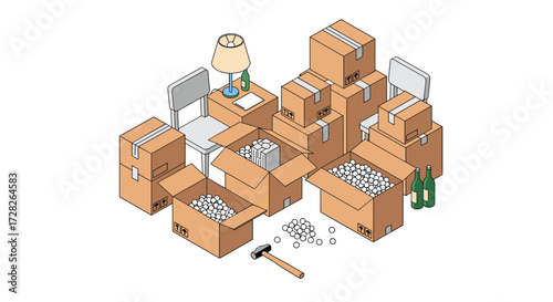 A collection of open and closed cardboard boxes filled with packing peanuts and other items ready for shipping.