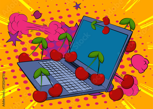 Cartoon Laptop, comic book Notebook with Cherry. Retro vector comics pop art design.