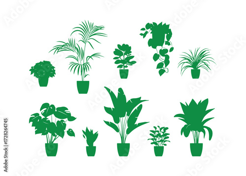 Green silhouettes of houseplants. Potted plants set against a white backdrop. A variety of green tropical plants. Trendy decor for your home with indoor plants, planters, and tropical foliage.