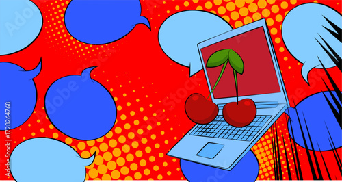 Cartoon Laptop, comic book Notebook with Cherry. Retro vector comics pop art design.
