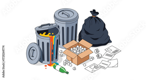 An illustration of garbage cans overflowing with trash and a tied black garbage bag alongside a cardboard box filled with white objects and scattered papers and a broken bottle.
