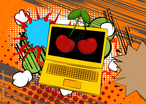 Cartoon Laptop, comic book Notebook with Cherry. Retro vector comics pop art design.