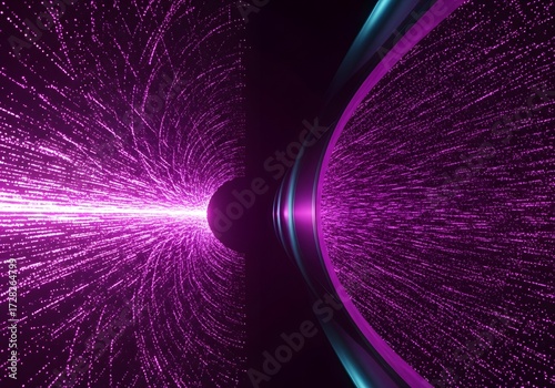 Abstract purple light tunnel with glowing particles and dark space background design element