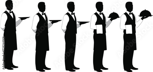 Waiter silhouette sequence, service uniform evolution, hospitality staff illustration, restaurant attire stages, tray presentation, professional server concept, stylized vector art