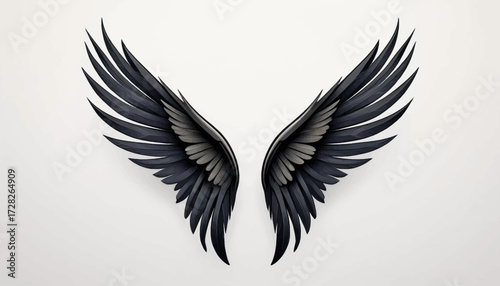 A pair of dark, feathered angel wings spread open against a plain white background, showcasing intricate detail and a sense of ethereal presence.