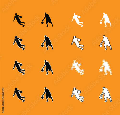 Collection of Basketball Player Poses Silhouettes A set of vector silhouettes of basketball players performing various actions, including dribbling, shooting, and dunking. Perfect for sports graphics