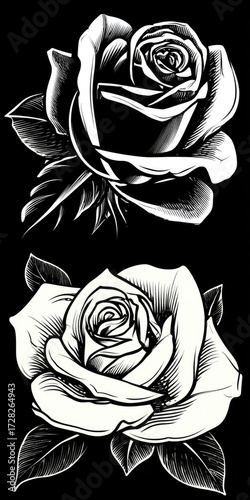 Two elegant black and white rose illustrations showcasing intricate details and a classic design.
