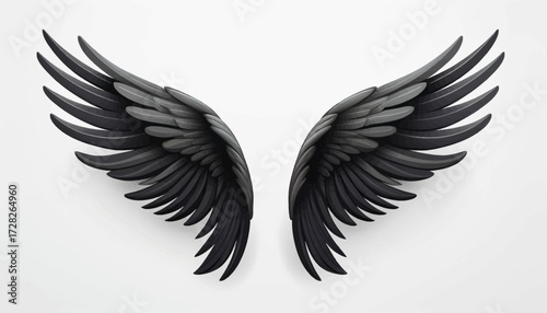 A pair of large, detailed black angel wings with intricate feathers spread open on a white background.