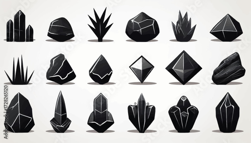 A diverse collection of stylized black minerals, crystals, and rough stones, each with unique facets and forms.