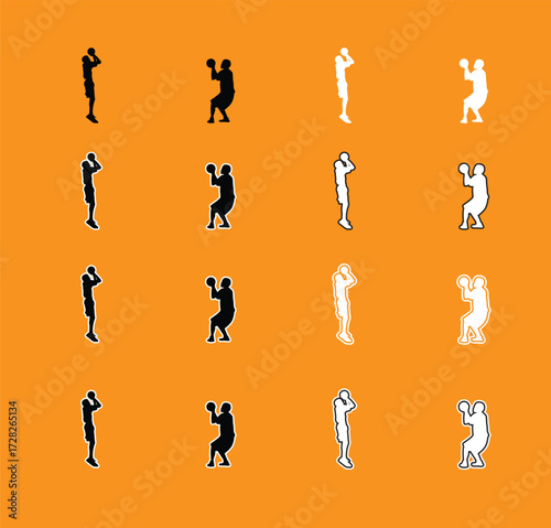 Collection of Basketball Player Poses Silhouettes A set of vector silhouettes of basketball players performing various actions, including dribbling, shooting, and dunking. Perfect for sports graphics