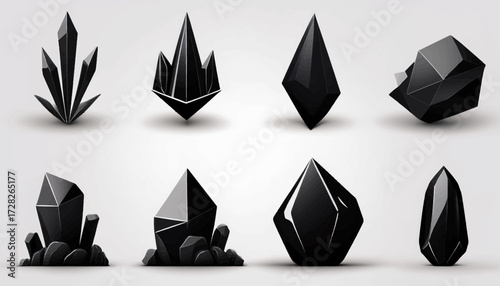 Collection of eight stylized black crystal and gemstone icons in various geometric shapes, isolated on a white background.