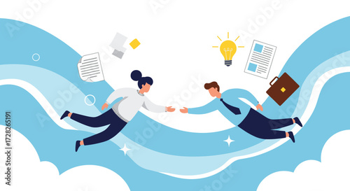 Two colleagues reaching out and connecting in a sky full of ideas and success.