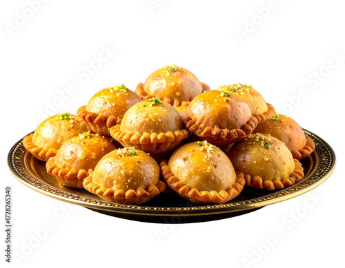 Delicious gujiya indian sweets resting on white plate with transparent background