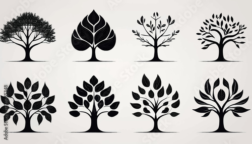 A set of eight stylized black tree silhouettes, each with a unique graphic design for logos or icons.