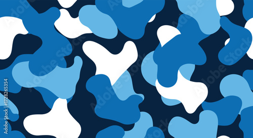 An abstract blue camouflage pattern with irregular shapes and varying shades of blue and white.